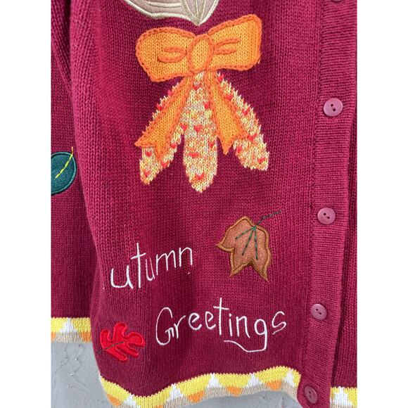 The Quacker Factory Autumn Greetings Fall Cardigan Corn Leaves Pumpkin Medium - Picture 3 of 5